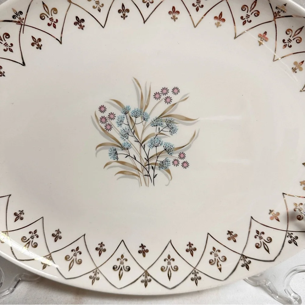 Vintage Floral Thistle Pattern Oval Serving Platter with Gold Fleur des Lis Rim